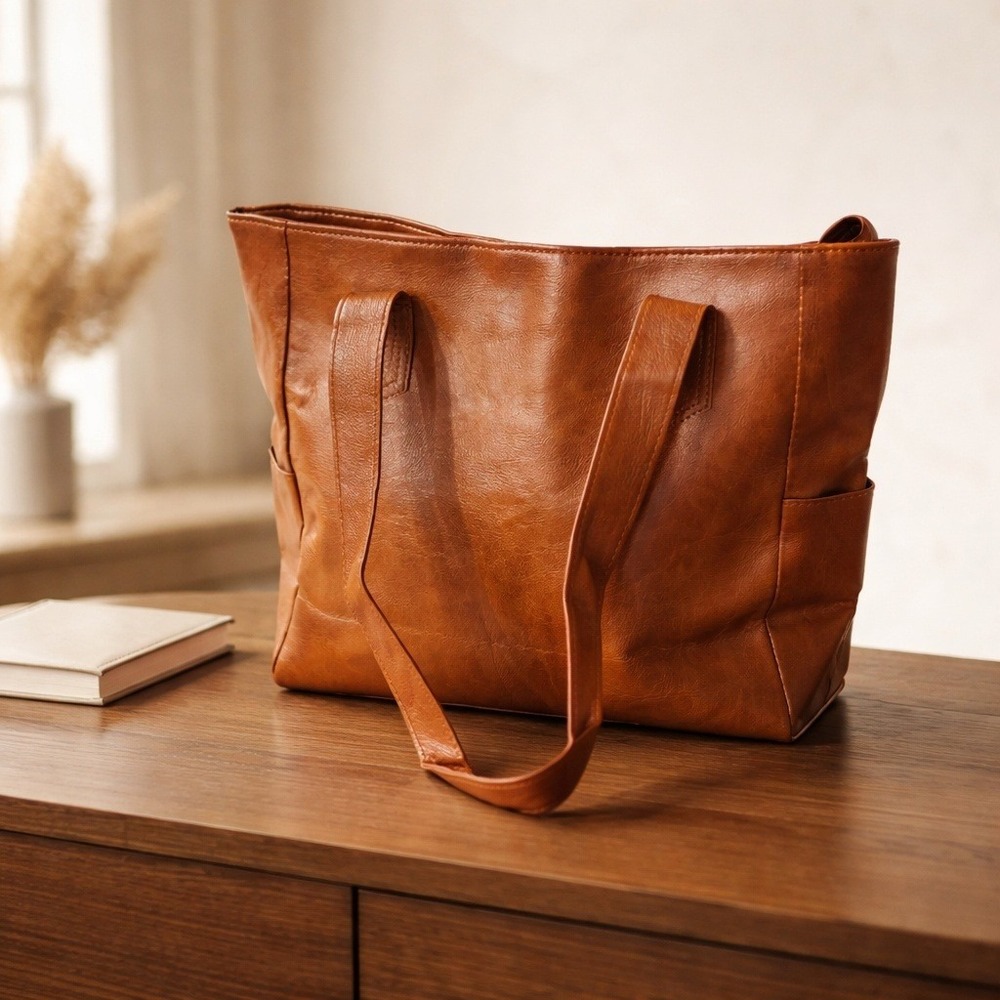 Grace's Bags Brown Faux Leather Tote Bag with Side Pockets and‎ Dust Bag